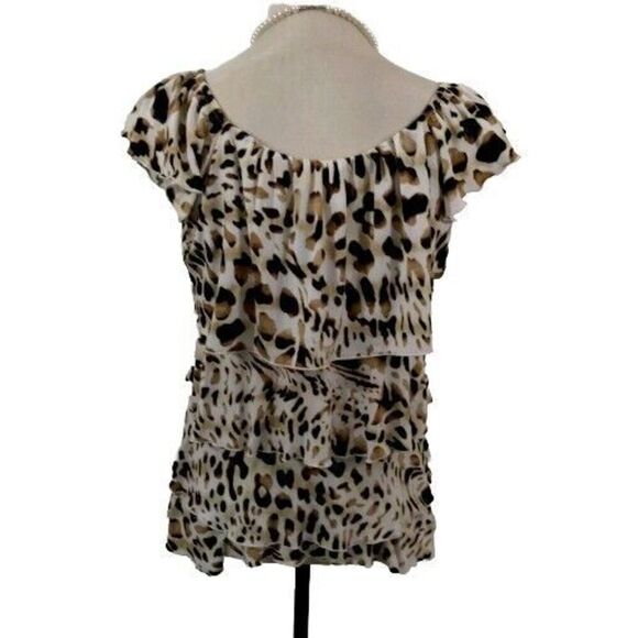 Milano Womens Small Top Leopard Print Pullover Sleeveless Stretchy Ruffle Animal - Picture 2 of 8